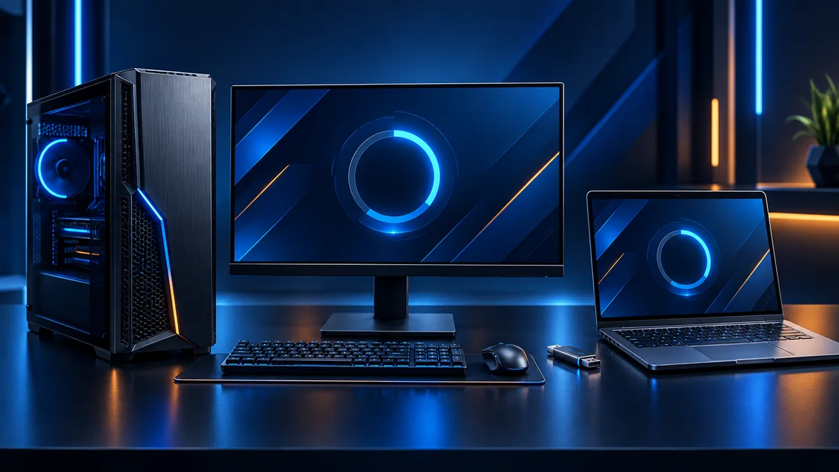 Desktop e notebook em processo de configuração do sistema