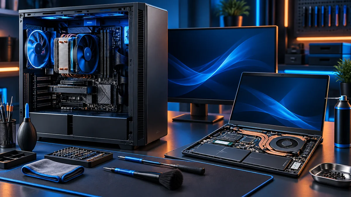 Desktop e notebook abertos para manutenção e limpeza