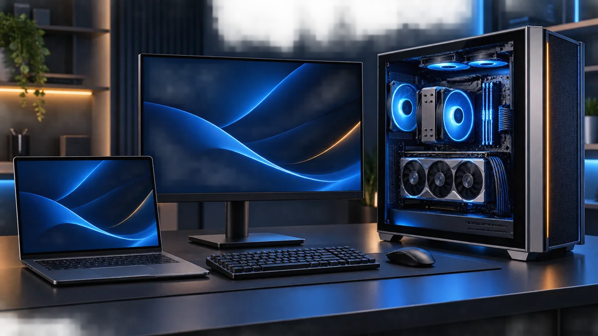 Computador desktop montado sob medida ao lado de um notebook